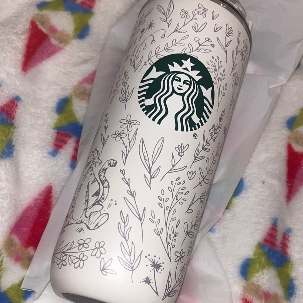 Starbucks White Tumbler with Winnie the Pooh and Floral Sketches